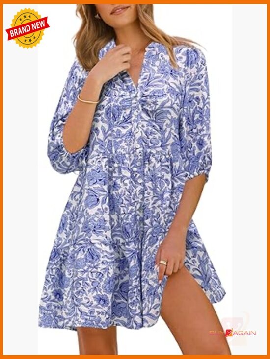 Dresses & Skirts - Floral Boho Shift Dress Casual V Neck Puff Sleeve Flowy Mini Dress